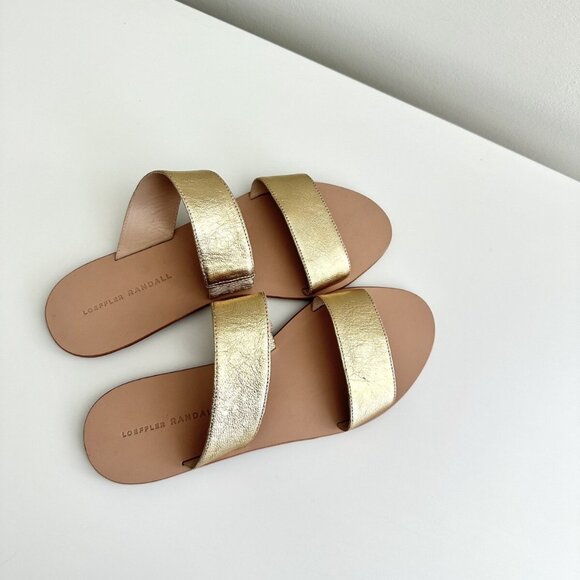 Loeffler Randall Shoes - NEW LOEFFLER RANDALL Metallic Gold Leather Double Strap Flat Sandals Size 8